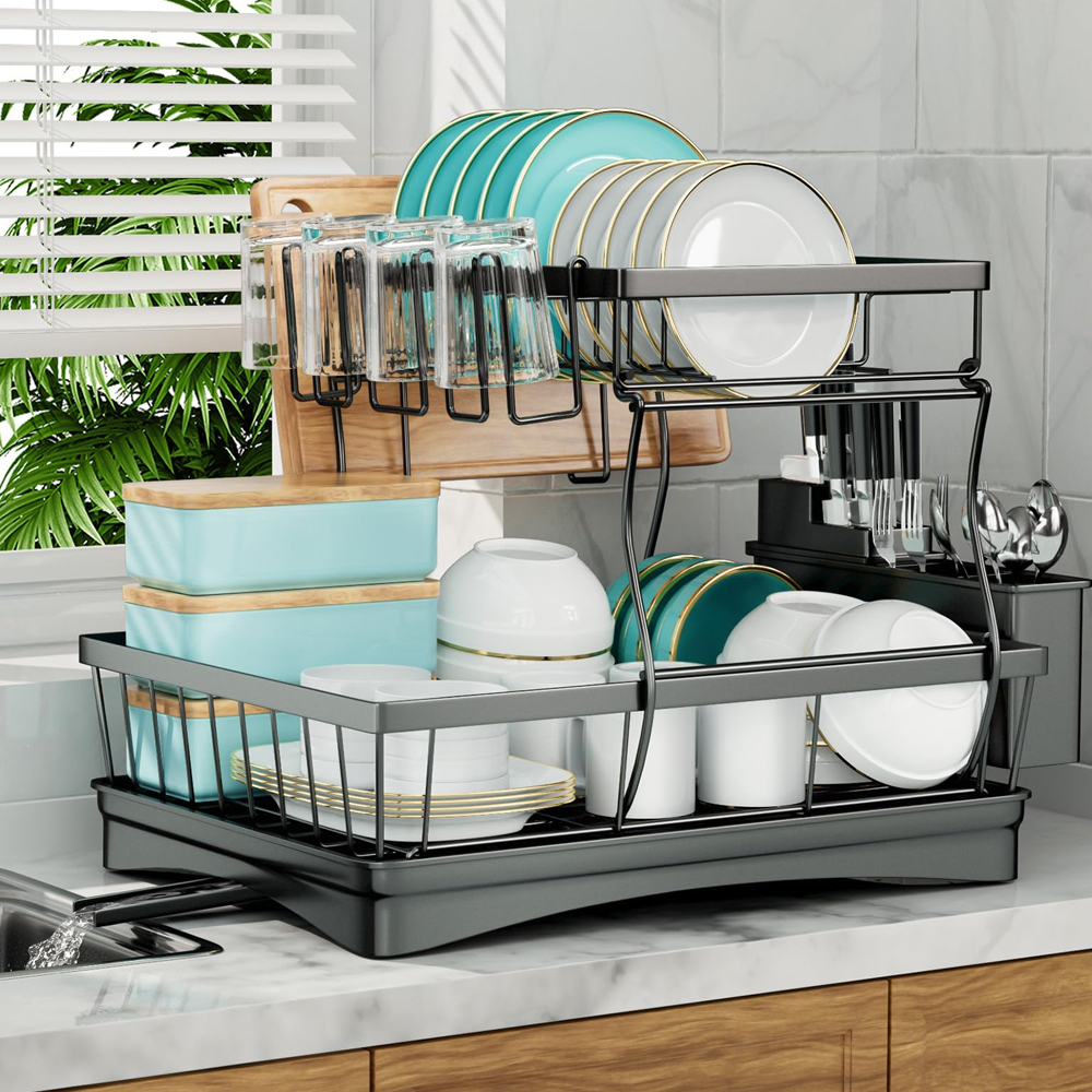 68b0501edc4864b25555580577193ef635819eb2a0bc94c2e7eee.jpg Large 2-tier dish drying rack for kitchen countertops, removable large-capacity dish draining rack - Image 1