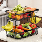 fruit basket vegetable basket,Metal storage basket with hook and wooden handle,Stackable and removable kitchen storage rack