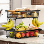 fruit basket vegetable basket,Metal storage basket with hook and wooden handle,Stackable and removable kitchen storage rack - Image 2