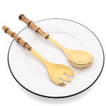 2/4Pcs Long Handle Serving Spoon Fork Bamboo Wooden Handle Salad Spork Kitchen Stainless Steel Tableware Cutlery Silverware Set - Image 3