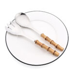 2/4Pcs Long Handle Serving Spoon Fork Bamboo Wooden Handle Salad Spork Kitchen Stainless Steel Tableware Cutlery Silverware Set - Image 6
