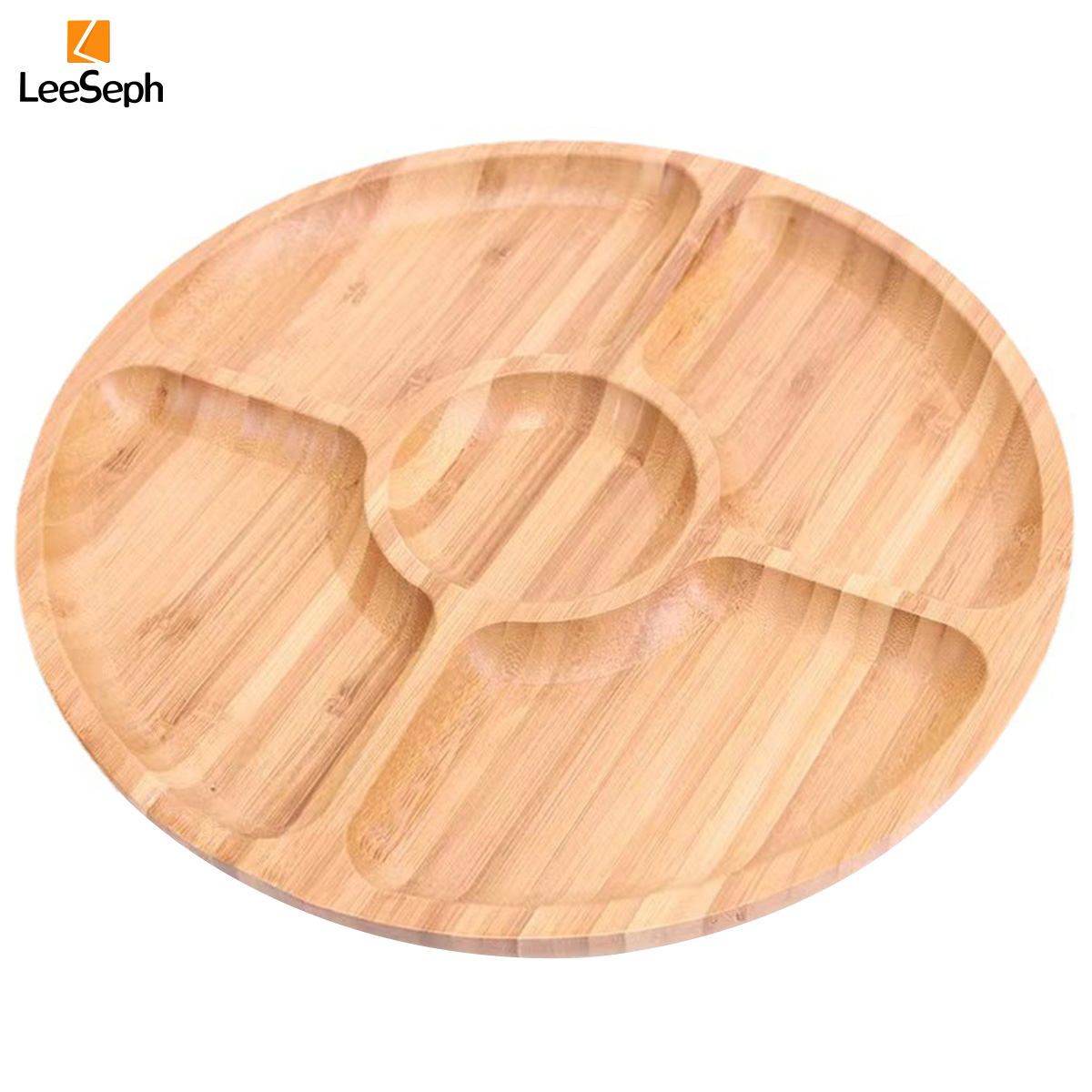 68b0ad9b920dae3786acf22e1aa516679abf29c74baf0320d4c29.jpg Leeseph Bamboo Round 5 Compartment Serving Tray, Ideal for Snacks, Fruits, Nuts, Wooden Plate with Dividers for Party Platters - Image 1