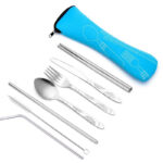 7pcs/ Set Stainless Steel Tableware Set Outdoor Portable Cloth Bag Knife Fork Spoon Chopsticks Straw Rich Flowers Seven Sets - Image 10