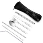 7pcs/ Set Stainless Steel Tableware Set Outdoor Portable Cloth Bag Knife Fork Spoon Chopsticks Straw Rich Flowers Seven Sets - Image 11