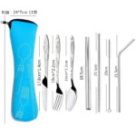 7pcs/ Set Stainless Steel Tableware Set Outdoor Portable Cloth Bag Knife Fork Spoon Chopsticks Straw Rich Flowers Seven Sets - Image 15