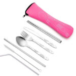 7pcs/ Set Stainless Steel Tableware Set Outdoor Portable Cloth Bag Knife Fork Spoon Chopsticks Straw Rich Flowers Seven Sets - Image 27