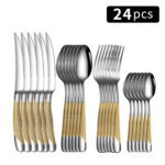 24pc Stainless steel tableware star steak knife and fork dessert fork spoon family suits - Image 19