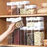 Lifeideas7Pcs Airtight Food Storage Containers with Clasp Lids Plastic Clear Jars with Easy Lock Lid Kitchen Pantry Organize