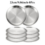 8PC Metal Dining Dish Stainless Steel Round Plate Shallow Tray 14/17/20/23/26cm BBQ Picnic Camping Food Container Tableware Set - Image 30