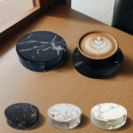6 Pcs Artificial Leather Coasters Marble Style with Holder Drink Coaster for Bar Kinds of Cup Kitchen Dining Table Decor
